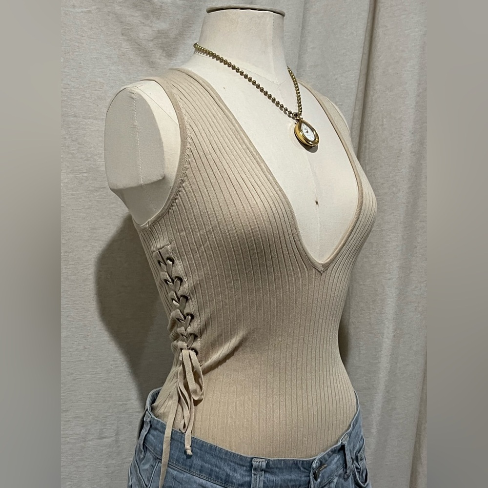 Fashion Nova Beige Lace-Up Bodysuit